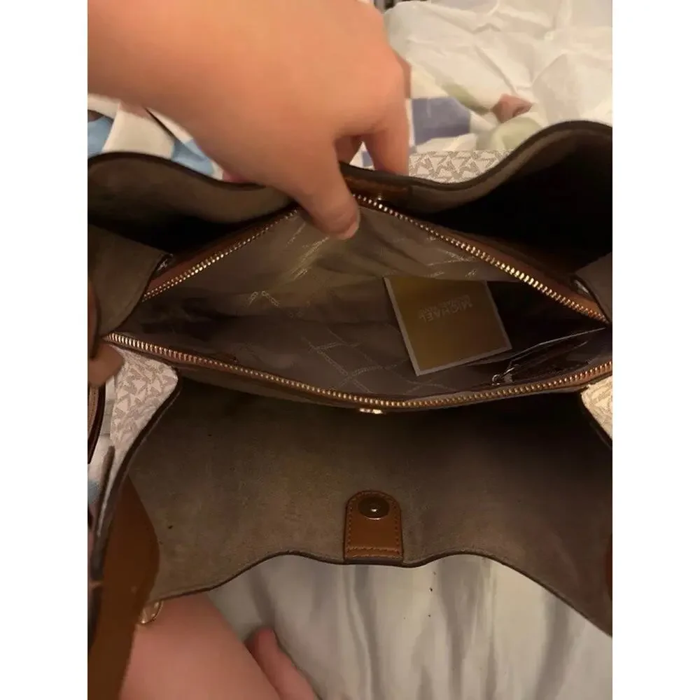Michael Kors Signature Monogram Large Zip Tote Beige Brown Shoulder Strap Gold